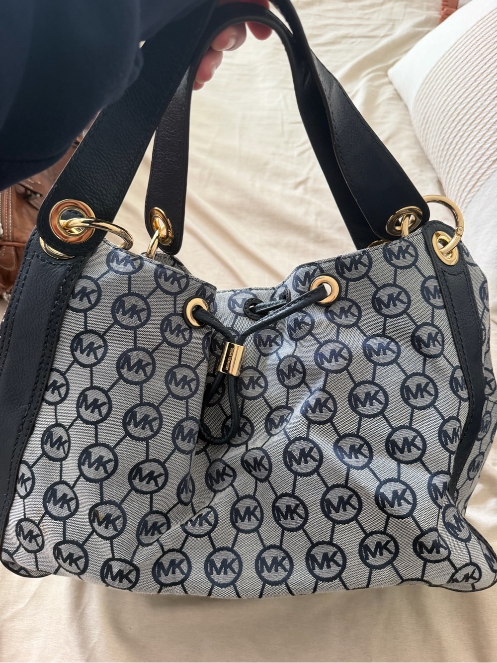 Michael Kors Navy and Light Gray Monogram Drawstring Shoulder Bag